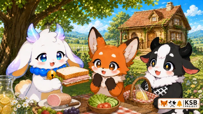 3人でピクニックをしてサンドイッチを食べるひまり・モルナ・ミルラ