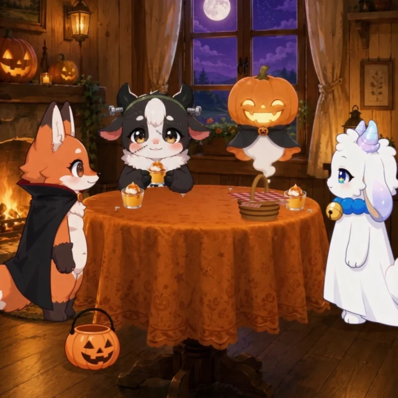 ハロウィンの仮装をした3人とおばけかぼちゃが、プリンの並んだテーブルを囲む