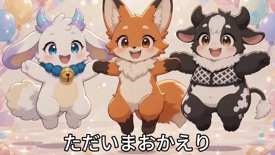 「ただいまおかえり」の歌詞とともにジャンプする3人